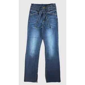 Grace & Lace Jeans Sz 6 Dark Wash Tie Belt Raw Hem Ankle Slit Stretch